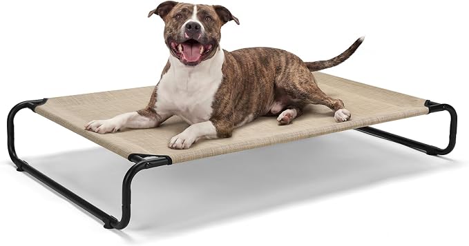 Veehoo Cooling Elevated Dog Bed, Outdoor Raised Dog Bed for Large Dogs | Dog Cot with Thickened Frame, Durable Teslin Mesh & Anti-Slip Rubber Feet, Pet Hammock for Indoor or Camping, 45", Beige