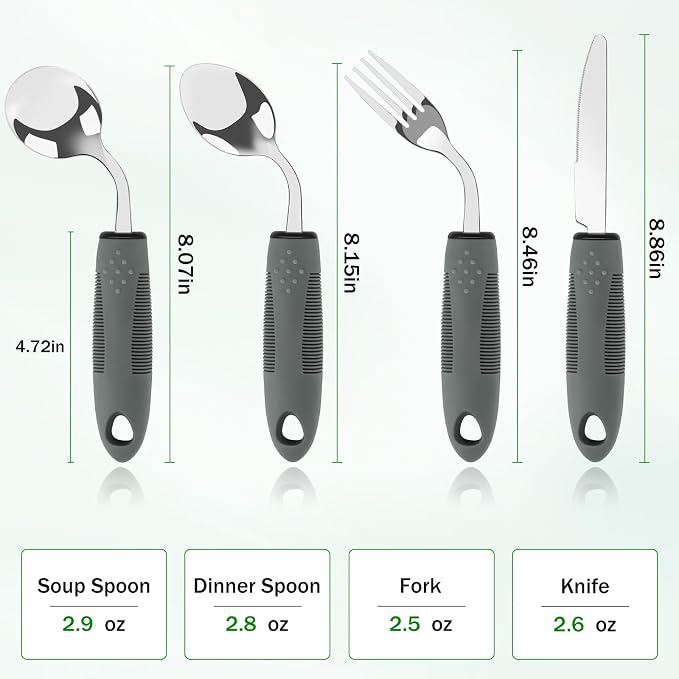 KintKita Adaptive Utensils for Elderly 4 Piece, 2.9 oz Weighted Silverware for Hand Tremors, 45°Angled Parkinsons Utensils for Elderly, Arthritis, Weak Hand Grip, Right-Handed Use