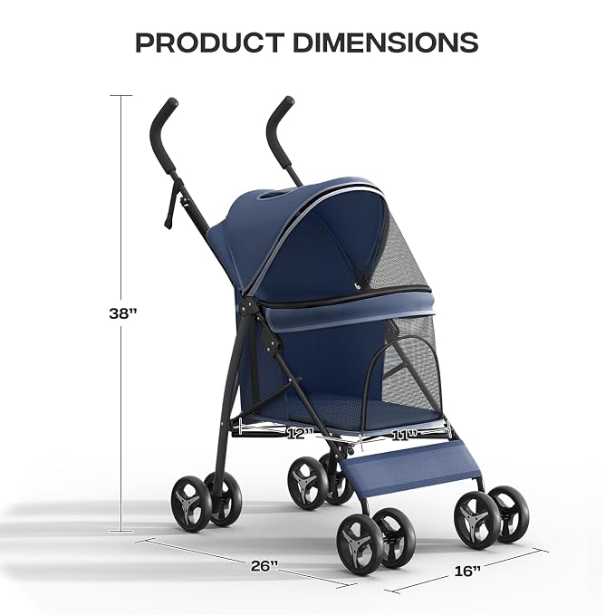 Small Dog Stroller for Small Dogs 10 lbs -22lbs Puppy Stroller Medium Dog Wagon Stroller Small Pet Stroller for Cats, Cat Strollers for 2 Cats, Rear Storage, Navy Blue