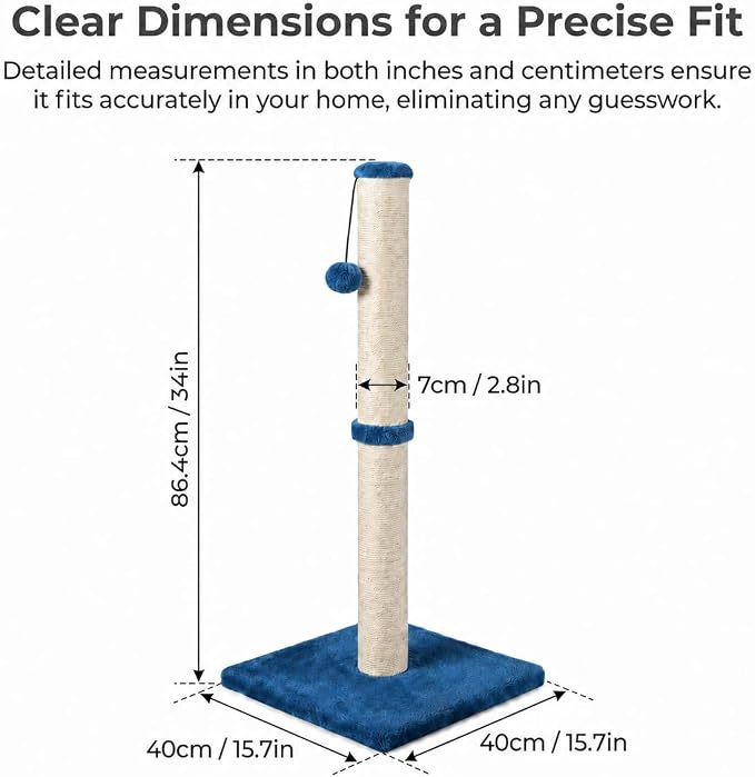 Dimaka 34" Height Tall Cat Scratching Post, Claw Scratcher with Sisal Rope and Covered with Soft Smooth Plush, Vertical Scratch [Full Strectch] Cats (Blue, 34 inches for Large Cats)