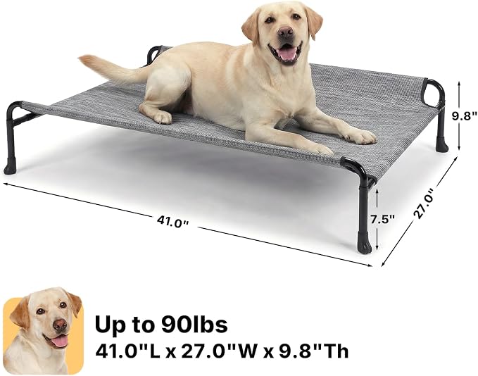Veehoo Outdoor Dog Bed, Raised Dog Bed for Large Dogs, Elevated Dog Bed with Headrest, Washable Cooling Pet Cot, Breathable Dog Hammock for Camping & Indoor, Non-Skid, 41", Black Silver