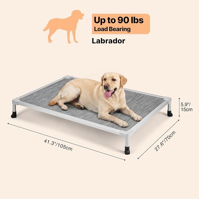 Veehoo Chew Proof Elevated Dog Bed, Silver Aluminum Dog Cot, Pre-Assembled | Cooling Raised Dog Bed for Large Dogs, Indestructible Dog Bed for 42" Crate, Breathbale, Non-Slip Feet, Indoor Outdoor