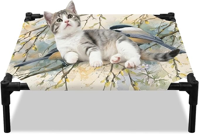 Outdoor Elevated Dog Bed for Small Dogs, Birds Branches Breathable Cooling Raised Dog Cot for Indoor/Outdoor, Country Elegant Pastoral Floral Waterproof Elevated Pet Beds, S 20 x 20 in