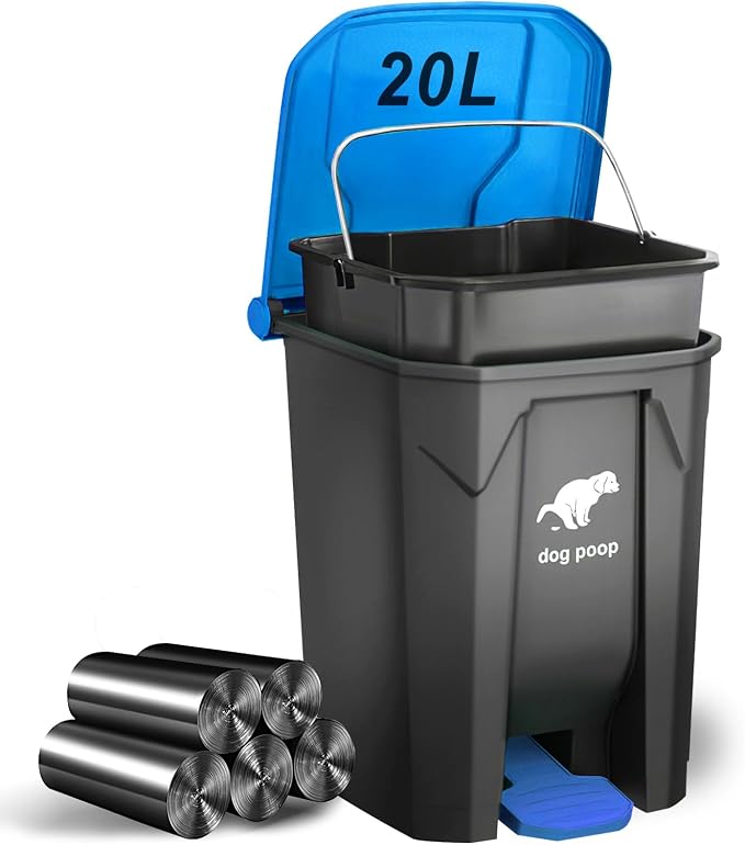 Dog Poop Trash Can Outside - 20L/5Gal Large Outdoor Trash Can with Lid Blue | utdoor Dog Poop Trash Can with 100 Bags, Pedal and Removable Inner Bin, Odor Control, Suitable for All Types of Dogs
