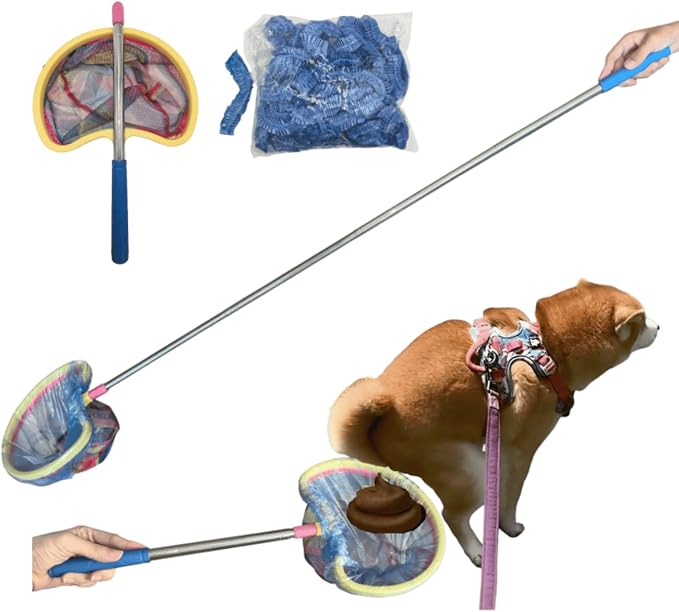 Dog Pooper Scooper with Mesh Net Frame，45 Inch Extendable，Comes with 50 Leak-Proof Waste Bags No Touch No Bending Portable for Small Medium Large Dogs, Perfect for Yard Park Walking and Outdoor Use