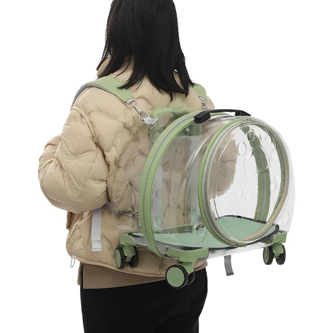 Pet Carrier with Wheels, Transparent Hard Breathable Pet Carrier with Ventilation Holes Telescopic Handle Multiple Carrying Strollers for Cats Dogs (Green)