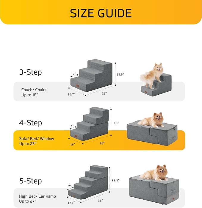 Dog Steps for High Bed Dog Stairs Ramps and Extra Wide Steps for Bed Foam Stairs for Couch Sofa 35D Strong Support Pet Stairs Non-Slip Bottom Pet Steps for Small Dogs and Cats, Grey, 4 Steps