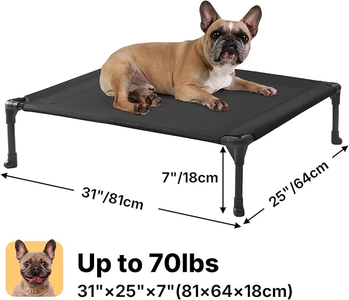 Veehoo Outdoor Elevated Dog Bed for Medium Dogs, Cooling Raised Dog Cots | Off-ground training platform, portable camping hammock, breathable mesh, easy to clean, no-tool setup, 32"x25", Black