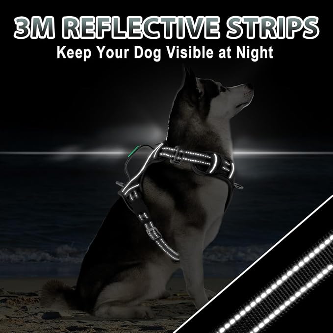 BARKBAY No Pull Dog Harness 3 Buckles Large Reflective Dog Harness with Front Clip and Easy Control Handle for Walking Training Running with ID tag Pocket(Black,XL)
