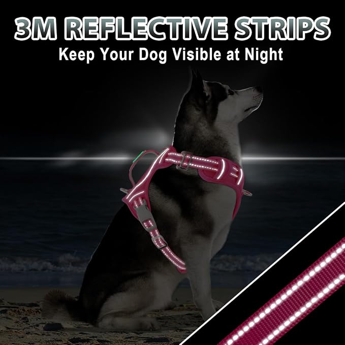 BARKBAY No Pull Dog Harness 3 Buckles Large Reflective Dog Harness with Front Clip and Easy Control Handle for Walking Training Running with ID tag Pocket(Pink,XL)