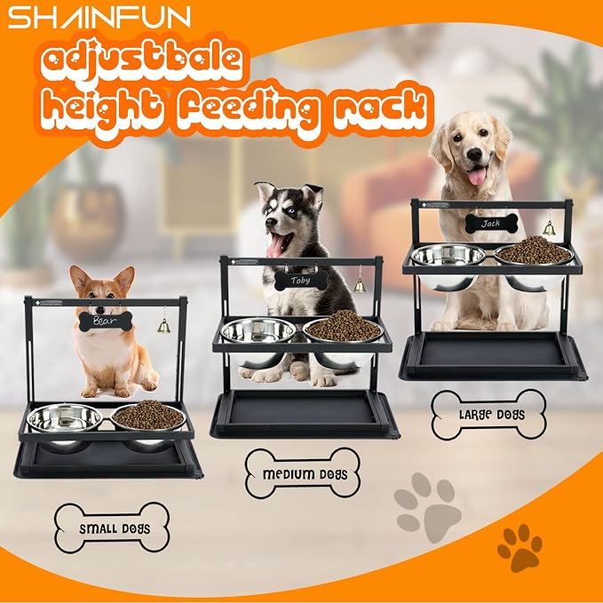SHAINFUN Elevated/Raised Dog Bowls Stand Adjusable Height with Two 1.7L Stainless Steel Food Bowls and Spill Proof Mat, for Large and Medium Dogs.
