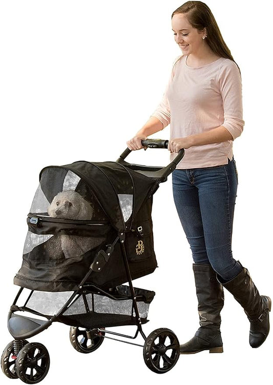 Pet Gear No-Zip Special Edition 3 Wheel Pet Stroller for Cats/Dogs, Zipperless Entry, Easy One-Hand Fold, Removable Liner, Cup Holder, Gold Monogram