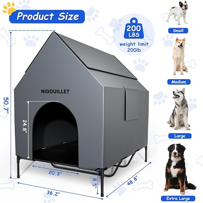 Dog House Outdoor Large Dog House 48 Inch Weatherproof Kennel with Bed | Windproof Waterproof Easy Wipe Clean, 200Lbs Capacity, Sturdy 600D PVC Construction Ideal Outdoor Shelter For Large Dogs