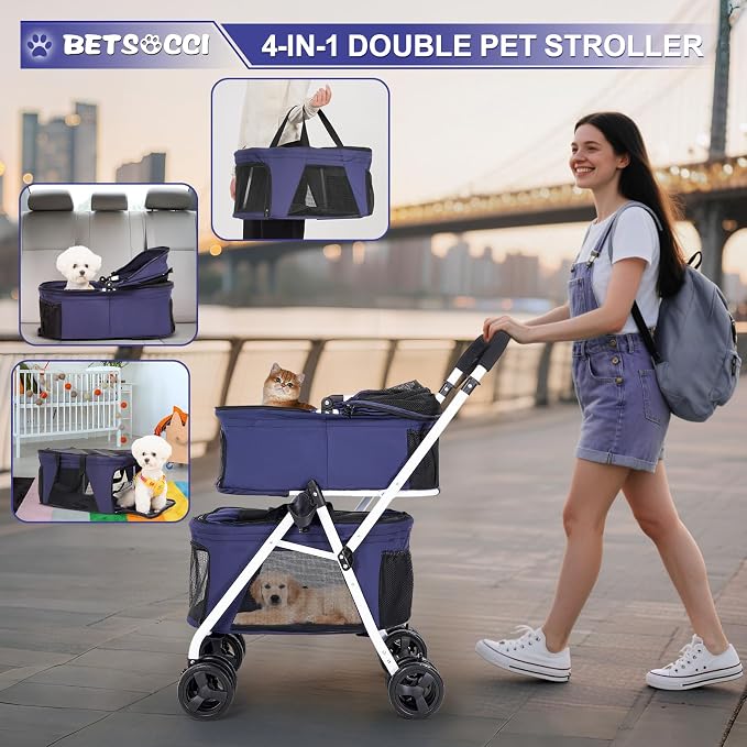 Double Dog Stroller with 2 Detachable Carrier, Portable Pet Stroller for Small Dogs & Cats Folding Lightweight Puppy Travel Carriage, 4 Wheels, Blue
