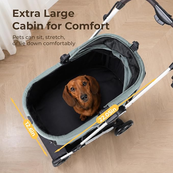 Pet Stroller Dog Cat Stroller for Small Medium Dogs Cats, 4 Wheels Travel Folding Carrier Waterproof Puppy Stroller with Pad, Canopy and Cup Holder, Green