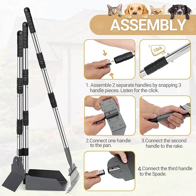 Dog Pooper Scooper Long Handle Adjustable, No Bending (Black) | Heavy Duty Stainless Steel Rake with Tray and Spade Set, Anti Stick, Easy Cleaning, for Grass, Dirt or Gravel