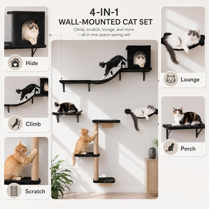 Wall Mounted Cat Furniture Set of 4 – 4 in 1 Cat Wall Shelves with Hammock, Bridge, Climbing Tree & Perch – Shelves for Large Cats, Holds Up to 30 lbs, Indoor Playground