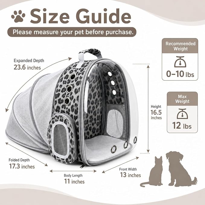 Expandable Cat Carrier Backpack for Cats & Dogs, Bubble Window Pet Travel Backpack with Breathable Mesh, Anti-Collapse Structure, Side Door, for Vet Visits, Hiking, Black and White Animal