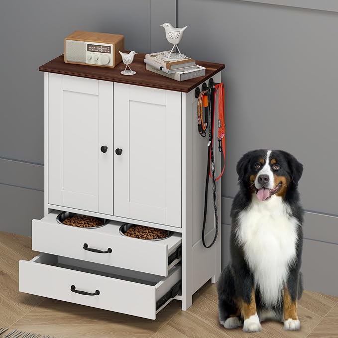 Rovibek Dog Feeding Station with Elevated Dog Bowls with Storage Drawers | Pet Storage Cabinet and Pet Feeding Station with Leash Hooks, Pet Organizers for Food & Supplies, White