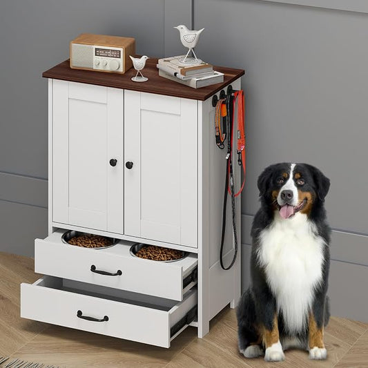 Rovibek Dog Feeding Station with Elevated Dog Bowls with Storage Drawers | Pet Storage Cabinet and Pet Feeding Station with Leash Hooks, Pet Organizers for Food & Supplies, White