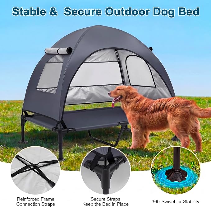 Elevated Dog Bed, Large Raised Dog Cot with Removable Shade Canopy for Large Dogs, Outdoor Portable Pet Tent with Breathable Mesh for Camping, Beach, Patio (Dark Gray, 50" L x 32" W x 42.5" Th)