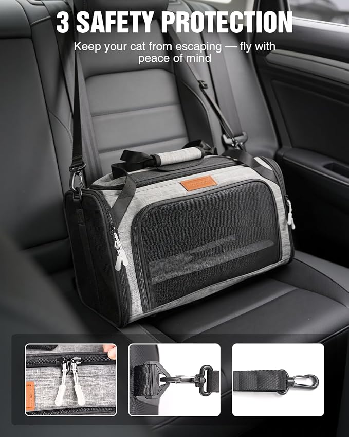 PETUX Expandable Airline-Approved Pet Carrier for Small Cats up to 10 lb | Top-Side Expandable, TSA‑Friendly, Underseat, Soft Travel Bag with Breathable Mesh and Safety Buckle, 17 x 11 x 9.5 in, Grey
