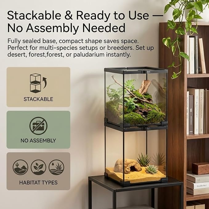 8x8x12 Terrarium Glass Tarantula Enclosure: Full View Stackable Tank | Jumping Spider Enclosure with Lockable Sliding Screen Top for Crested Gecko Hermit Crab - Vertical Habitat for Arboreal Frog
