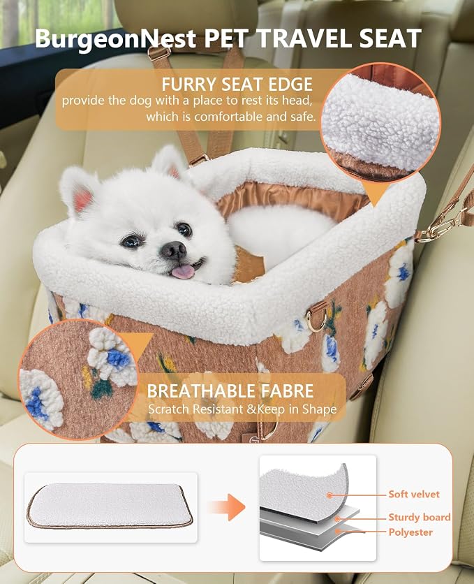 BurgeonNest Center Console Dog Car Seat for Small Dogs up to 9 lbs Pink
