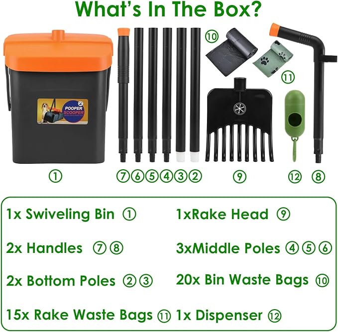 PUPIX Pooper Scooper Kit with Extra Long Handle Dog Poop Rake and Swiveling Bin Heavy Duty Pet Waste Pick Up Tool Includes 35 Waste Bags Dispenser No Bending Easy Yard Cleanup