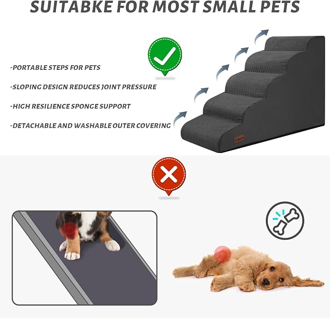 Aodisman Dog Stairs for High Bed,5-Step Pet Ramp for Small Dogs and Cats | 22.2" H Dog Steps for Bed with High-Density Foam, Help Olders,Short-Legged Dogs,Puppy and Cats Get on Beds Easily,Grey,Black