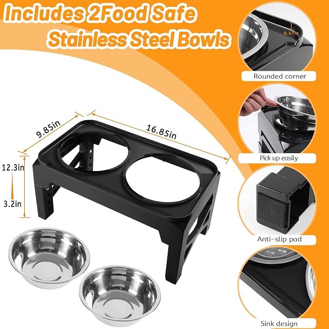 Hubulk Elevated Dog Bowls with 2 Stainless Steel Food & Water Raised Bowls with No Spill Edge Non-Slip Stand Adjusts to 5 Height(3.2", 8.77", 9.9",11.1", 12.3")for Small Medium Large Dog and Pet Black