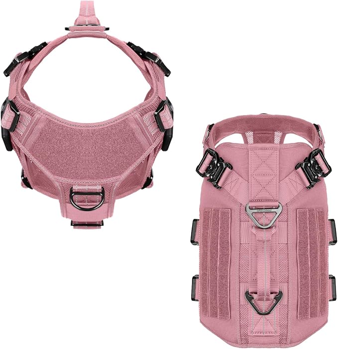 ICEFANG Tactical Mesh Dog Harness X-Large Dogs,Reflective Dog Molle Vest | Summer-Cooling, Control Handle,Adjustable,Front Hook,3 Leash Clips,Soft Padded,No Pull,Pink,X-Large