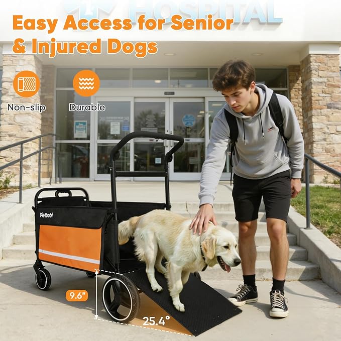 Petbobi Dog Wagon for Large Dogs, Push & Pull Foldable Pet Cart with Ramp | Fits Medium & Heavy Breeds Up to 80 lbs, 360° Swivel Stroller Wheels, Adjustable Handle, Foot Brake, Safety Leashes, Orange