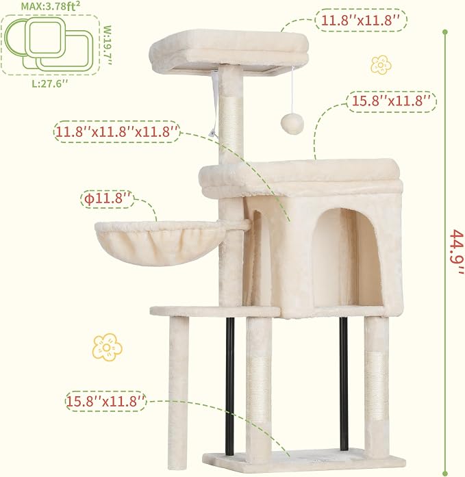 Hey-brother Cat Tree Tower, Scratching Posts with Cozy Condo, Padded Bed, Hammock, Plush Perch, Sisal Post and Ball for Indoor Kittens, 44.9 Inches, Beige MPJ009SM