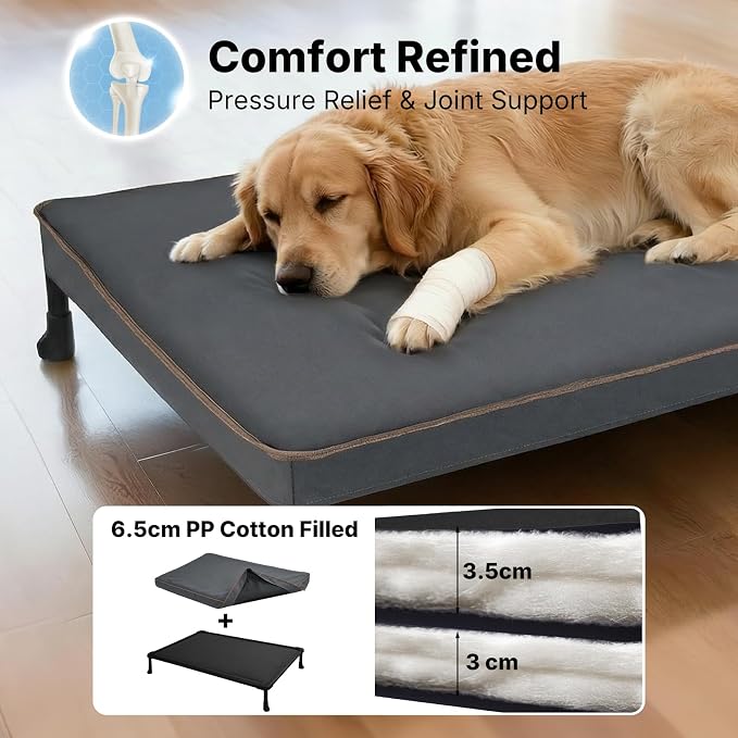 Veehoo Chew Proof Dog Bed, Orthopedic Elevated Dog Bed with Padded Cover | Washable Indestructible Raised Dog Cot for Indoor & Outdoor, Large Dog Bed with Non-Slip Feet, 49" x 32", Dark Grey