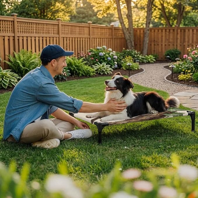 Outdoor Elevated Dog Bed for Medium Dogs, Bird Breathable Cooling Raised Dog Cot for Indoor/Outdoor, Ivy Branch Animal Green Botanical Leaf Rustic Waterproof Elevated Pet Beds, M 24 x 20 in