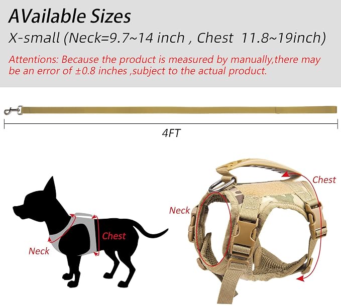 Annchwool Tactical Dog Harness for Small Dogs with Handle, Military Service Dog Vest and Leash Set for Outdoor Training Walking Hiking, Adjustable (Black, Camo)