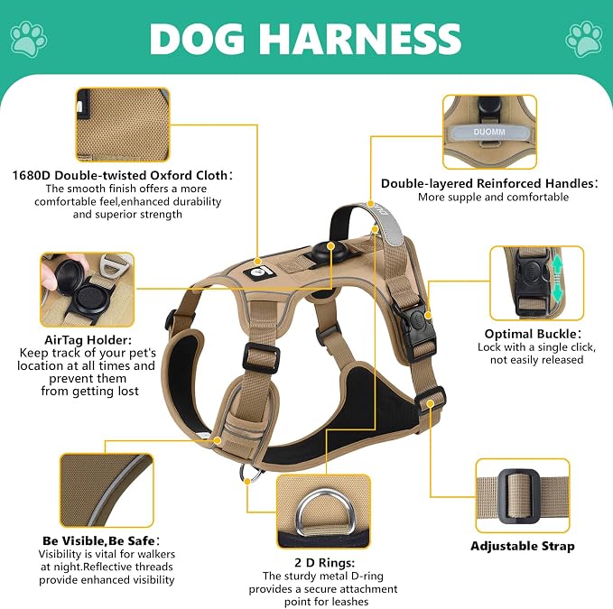 YooxArmor No Pull Tactical Dog Harness and Leash Set for Small Dogs,Khaki | Adjustable Pet Vest Harness, Reflective Easy Control for Night Walking Training
