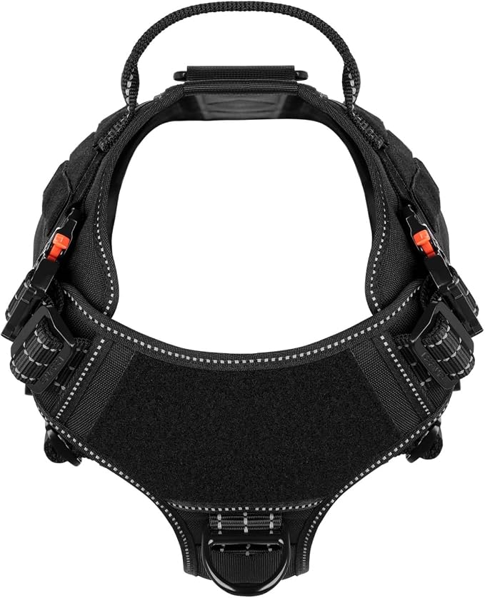 ICEFANG Tactical Dog Harness for X-Large Dogs,Full Metal Buckles Dog Vest | with MOLLE, Reflective,Adjustable,2 Leash Clips,Control Handle,No Pull,Soft Padded,Black,X-Large
