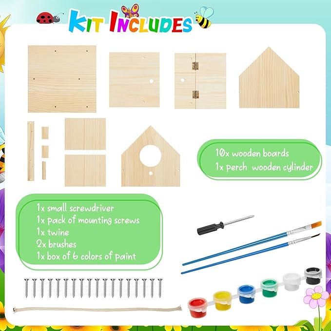 Liliful 1 Sets Wooden DIY Birdhouse Kit Unfinished Bird Houses with Paints and Paintbrushes Bird Feeder Craft Arts for Boy or Girl Classroom Activity and Christmas Kids Wooden Craft Gifts