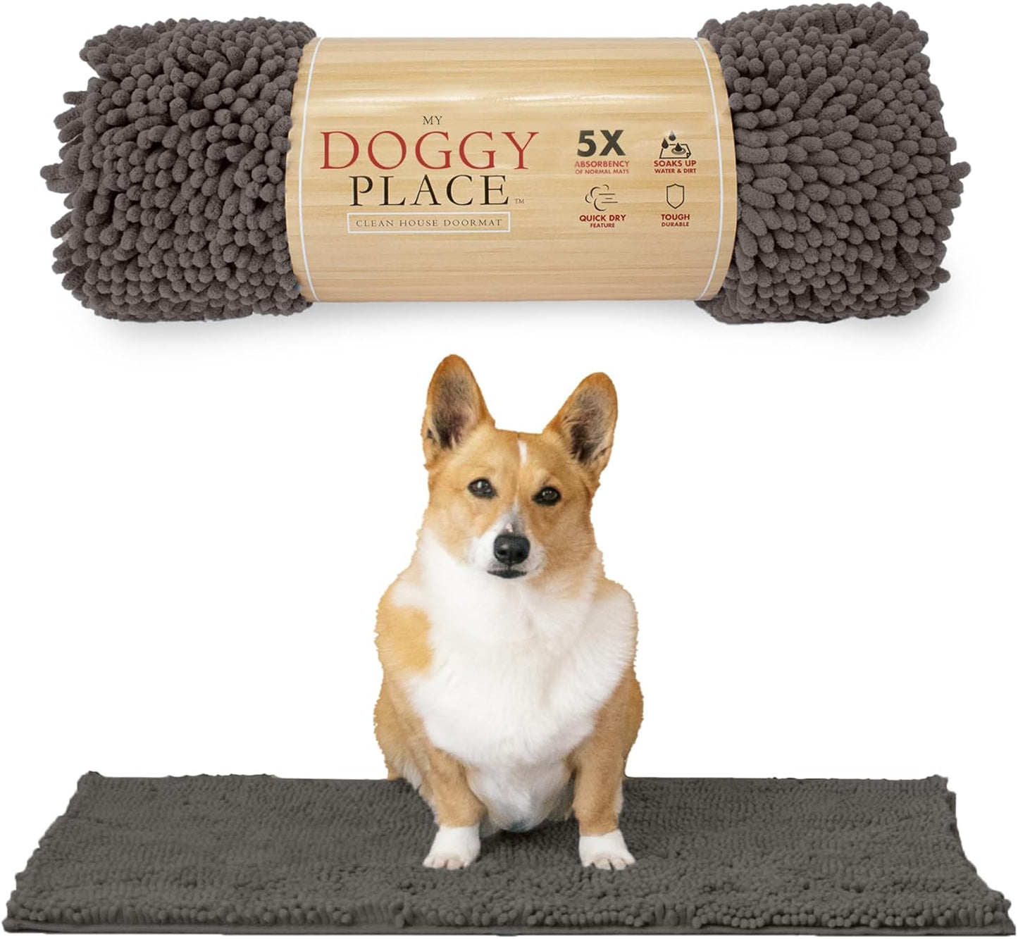 My Doggy Place Microfiber Dog Mat for Muddy Paws, 31" x 20" Ash - Absorbent and Quick-Drying Dog Paw Cleaning Mat, Washer and Dryer Safe - Non-Slip Rubber Backed Dog Floor Mat, Medium