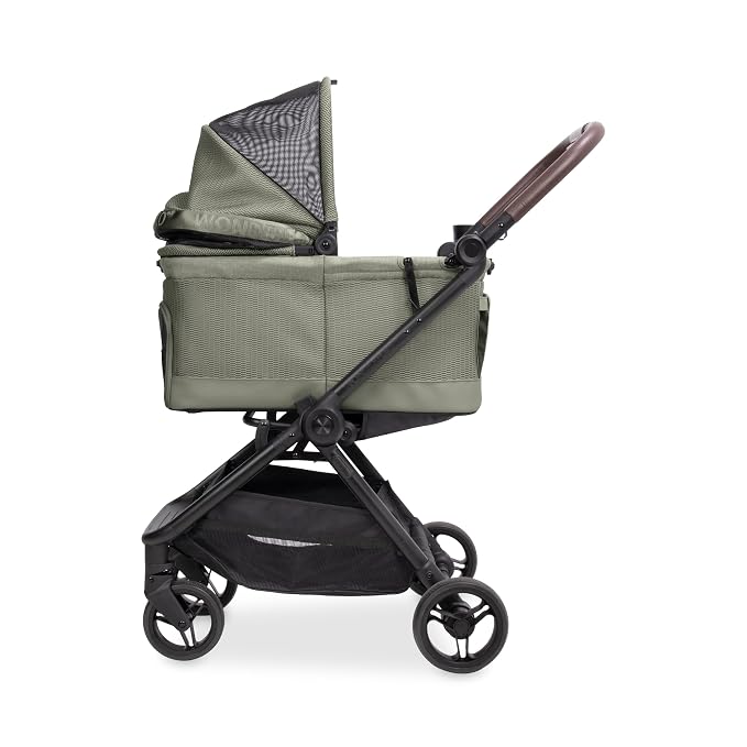 WonderFold Bella Pet Stroller - Autofold Design with Lightweight Aluminum Frame, Breathable Carriage Fabrics and Canopy, Safety Tethers & Easy-Clean Interior - Moss