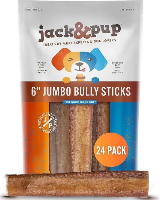 Jack&Pup 6 Inch Jumbo Bully Sticks for Dogs (24 Pack) Single Ingredient Dog Bully Sticks for Large Dogs and Aggressive Chewers