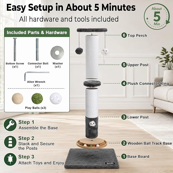 35-Inch Tall Cat Scratching Post, Stable Base for Large Cats, Gray | Heavy-duty, soft natural cotton rope cat scratcher, interactive cat toys, wooden ball track, for kittens and indoor cats