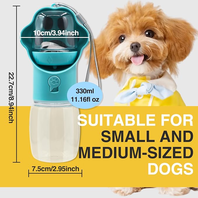 Dog Water Bottle with Food Container, Portable Pet Dispenser, Leak Proof, Hiking, Puppy Travel, Outdoor Activities(11.16 fl.oz/330ml, Blue)
