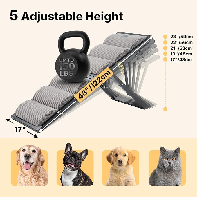 Veehoo Foldable Dog Ramp for Bed Couch Large Dogs, Adjustable 17-23'' High | Portable Dog Stairs 17" Extra Wide for Small Medium Large Pet, Folding Indoor Doggie Steps with Non-Slip Pad, up to 150lbs