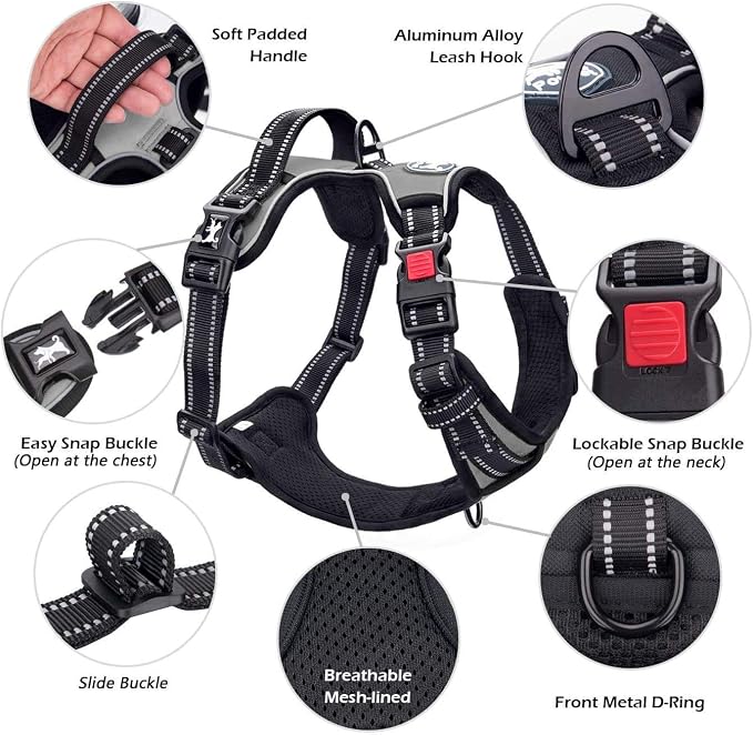PoyPet No Pull Dog Harness Medium with Front Clip & Neck Release Buckle | No Choke, Adjustable Vest, Reflective, Back Clip, Lockable, Soft Padded, Easy Control Handle for Walking Training, M, Grey