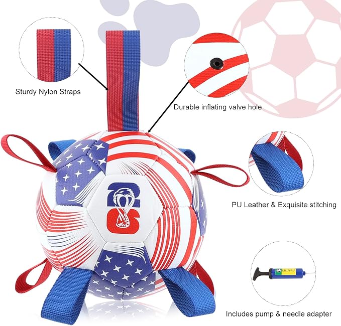 Dog Toys Balls, Dog Soccer Ball with Straps, Dog Birthday Gifts, Durable Balls for Small Medium Pet, Puppy Outdoor Toy, Pet Training Soccer Ball, World Cup Soccer (7.25 Inch) (U.S.A, Large)