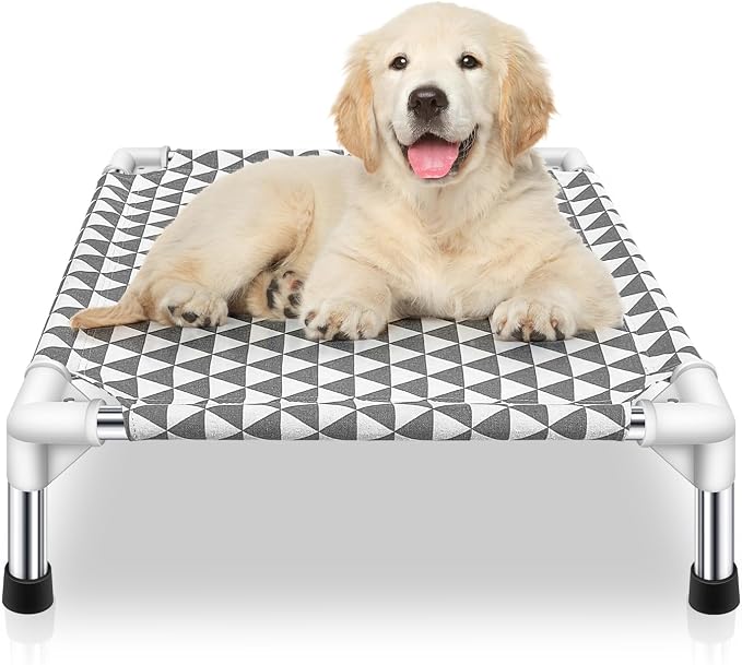 Kuntrust Elevated Outdoor Dog Bed for Small Pets，Fits up to 50lbs | Breathable Fabric, Dual-Layer Cotton, Stainless Steel Frame, Anti-Slip Feet