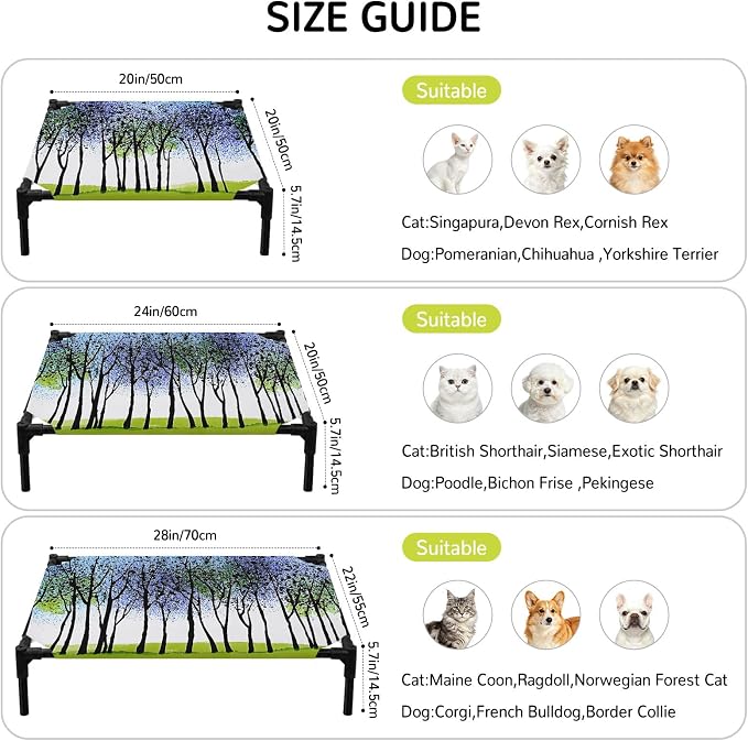 Outdoor Elevated Dog Bed for Medium Dogs, Blue Green Forest Breathable Cooling Raised Dog Cot for Indoor/Outdoor, Modern Nature Tree Branch Landscape Waterproof Elevated Pet Beds, M 24 x 20 in